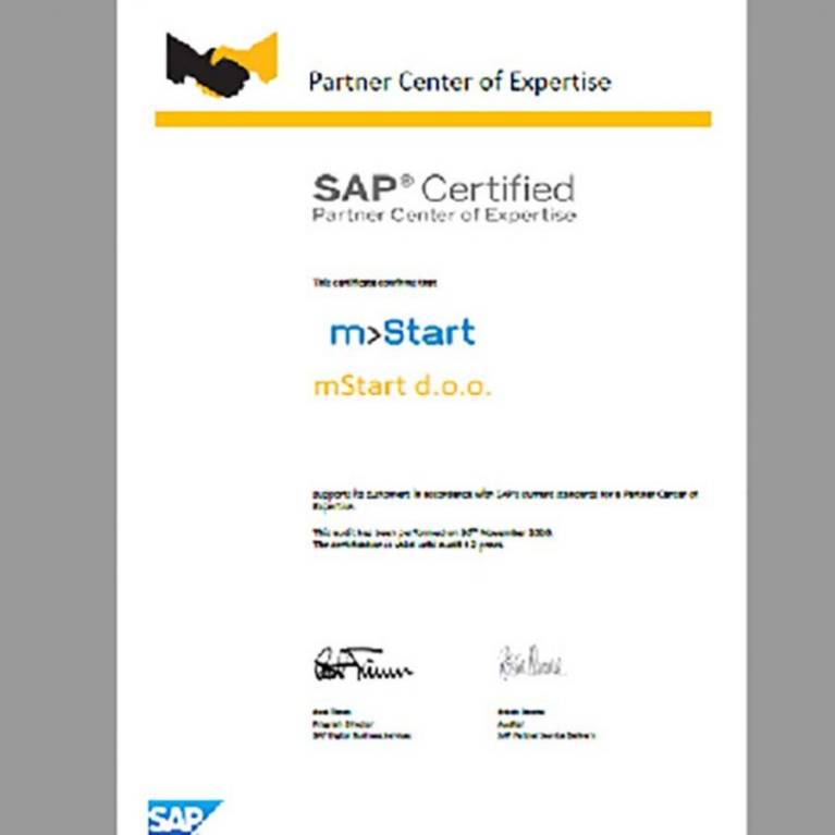mStart ponovno dobio SAP PCOE (Partner Center of Expertise) certifikat